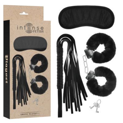 INTENSE – FETISH SET ERÓTICO 1 CON ESPOSAS, ANTIFAZ Y LÁTIGO DE CUERO VEGANO