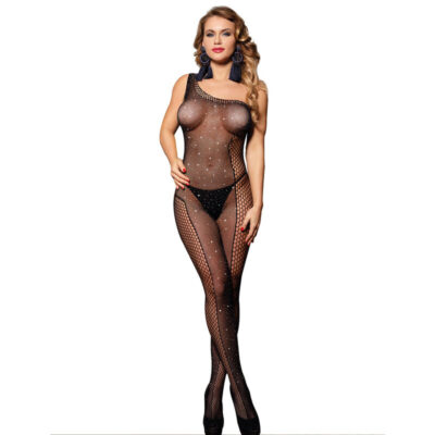 SUBBLIME – 952037 BODYSTOCKING DE REJILLA DE UN HOMBRO CON DIAMANTES NEGRO TALLA ÚNICA