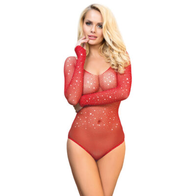 SUBBLIME – 952303 BODY DE REJILLA BRILLANTE CON HOMBROS DESCUBIERTOS MANGA LARGA ROJO TALLA ÚNICA