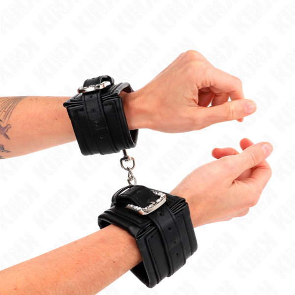 KINK – MUÑEQUERAS NEGRO CON HEBILLA DE DIAMANTES DE IMITACIÓN AJUSTABLE 25-32 CM X 5.5 CM