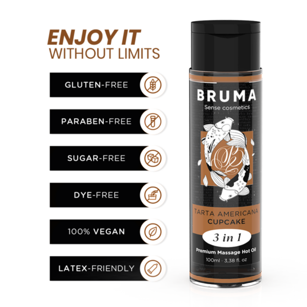 BRUMA – ACEITE DE MASAJE PREMIUM EFECTO CALOR SABOR TARTA AMERICANA 3 EN 1 – 100 ML